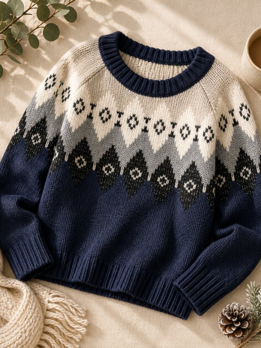 American Eagle Fair Isle Sweater XS Navy Gray White Knit Pullover